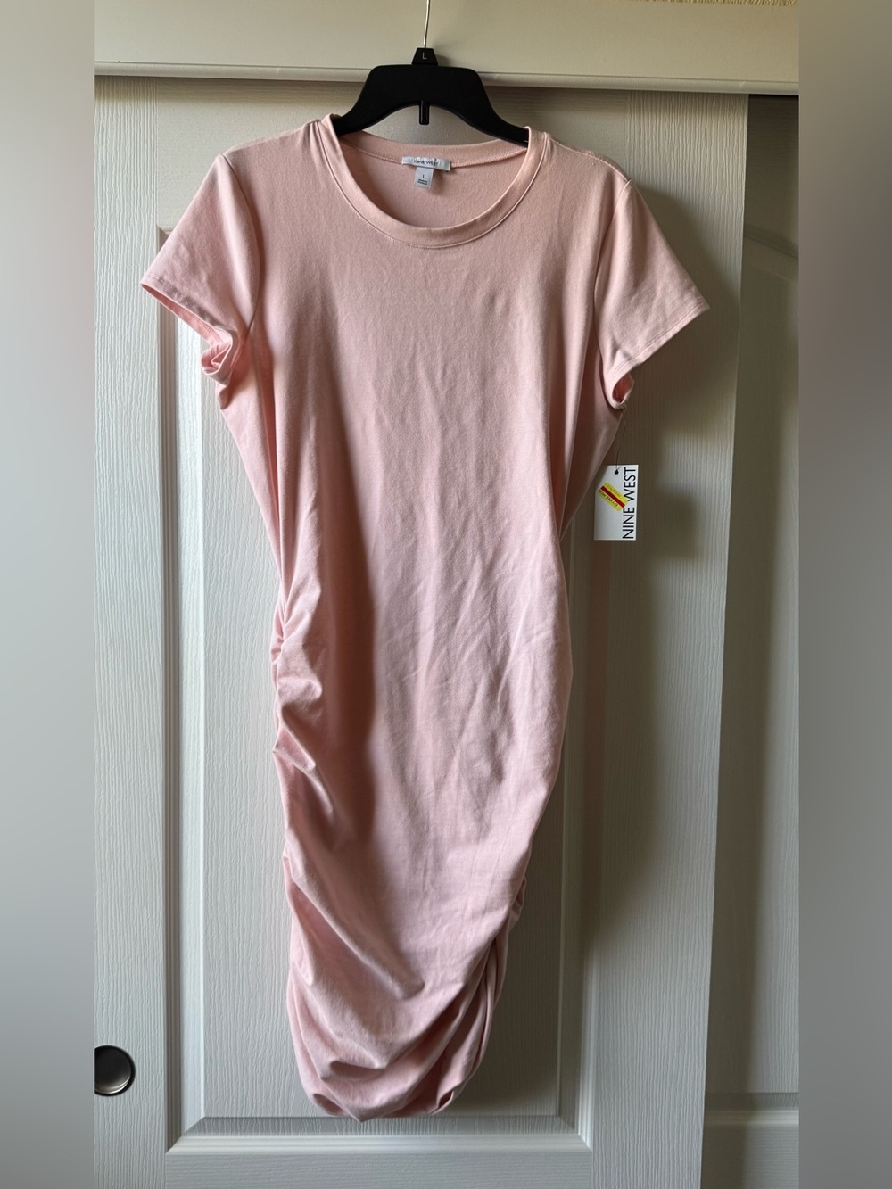 Nine West Light Pink Short Sleeve Ruched Midi Dress